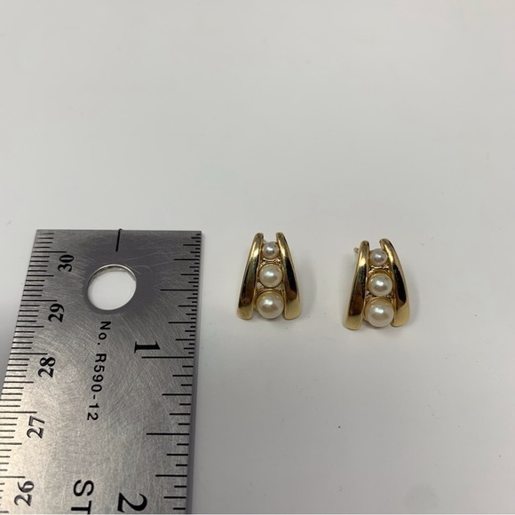 Gold Tone Graduated Triple Faux Pearl Stud Earrings - Picture 3 of 4